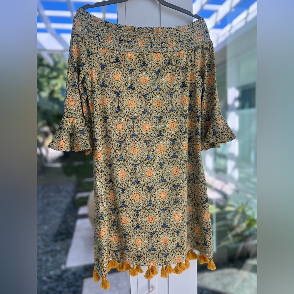 Cabana Life Off the Shoulder Dress, Yellow/Blue/Green, worn once, Medium